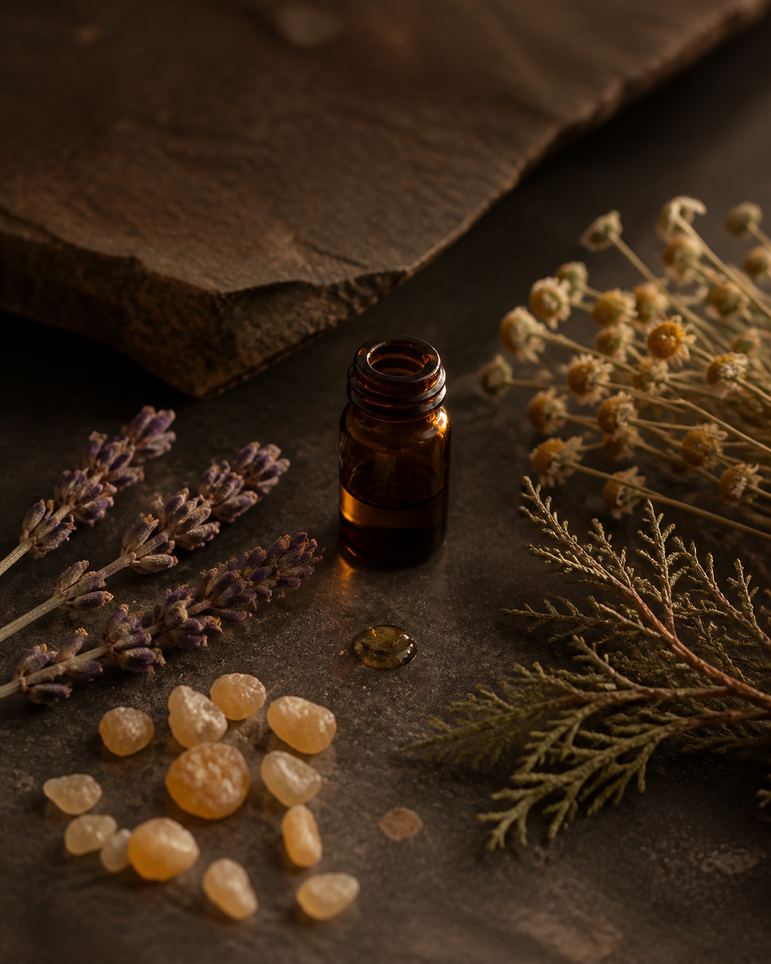 Lavender, chamomile, cedar and frankincense arranged around an amber botanical oil vessel