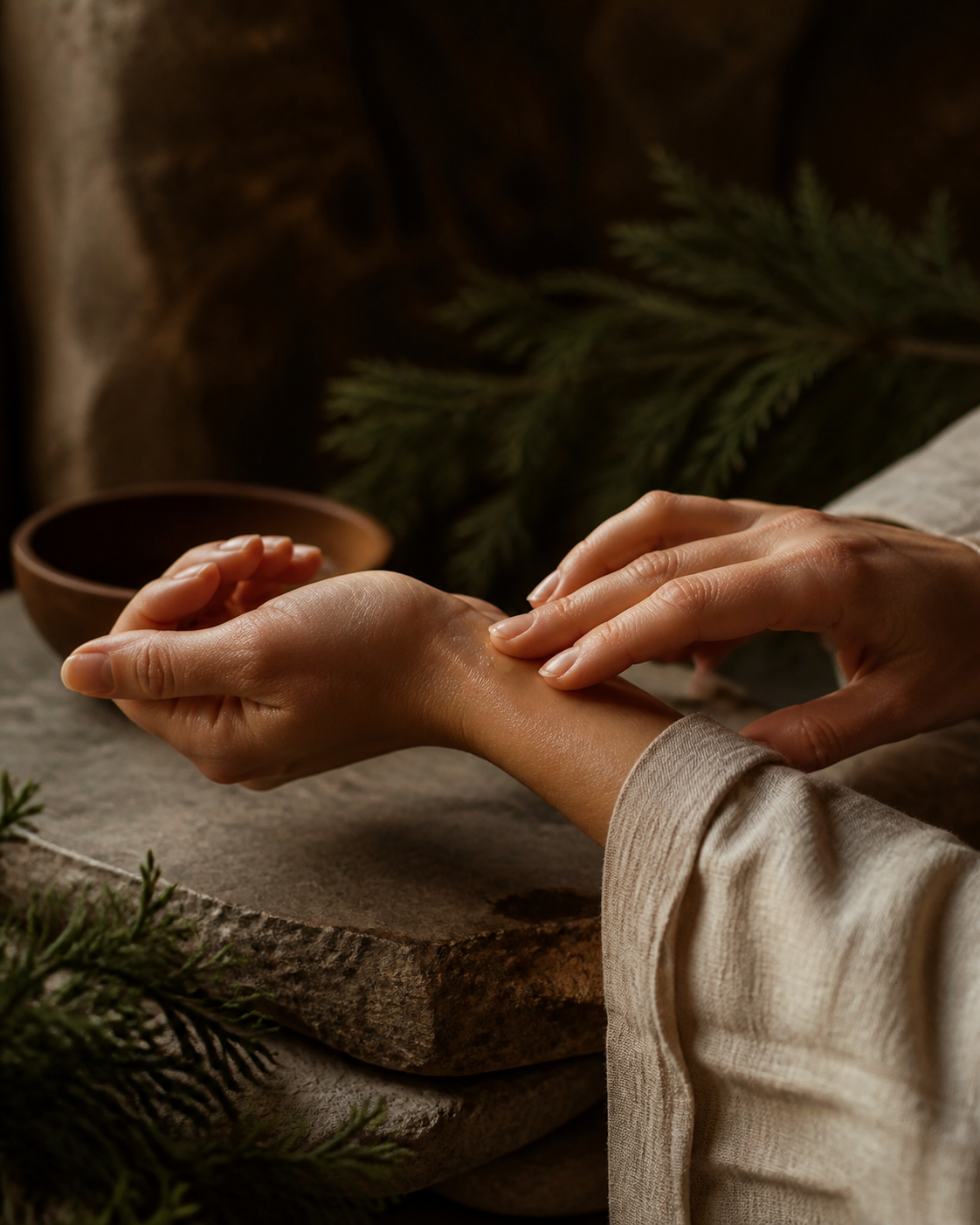Hands slowly massaging botanical oil into the wrist